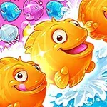 色鮮やかなオレンジ色の魚が水しぶきを上げて泳いでいるカラフルな背景。