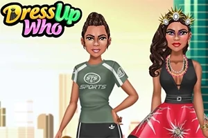 2人のキャラクターが都会の背景の前で、スポーツウェアと華やかなドレスをそれぞれ着ている。