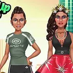 2人のキャラクターが都会の背景の前で、スポーツウェアと華やかなドレスをそれぞれ着ている。