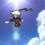 空に浮かぶ白髪の忍者キャラクターが、手裏剣を持っている。