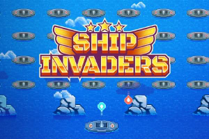 青い海の背景に浮かぶ岩と、中央に「SHIP INVADERS」と書かれたカラフルなロゴ。
