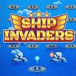 青い海の背景に浮かぶ岩と、中央に「SHIP INVADERS」と書かれたカラフルなロゴ。