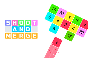 色とりどりの数字が書かれたブロックが並び、「SHOOT AND MERGE」の文字が左側に配置された画像。