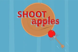青い背景に、矢でリンゴを射抜いた的の上に「SHOOT apples」と書かれた画像。