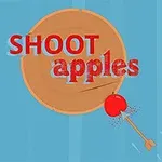 青い背景に、矢でリンゴを射抜いた的の上に「SHOOT apples」と書かれた画像。