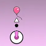 ピンク色の風船と三角形、黒い円、小さな赤いスティックが描かれたパステルピンクの背景。