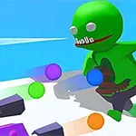 緑色のキャラクターが複数のカラフルなボールと紫色のオブジェクトの前にいるイラスト。