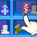 青い棚にクリスマスキャップ、プレゼント、ぬいぐるみ、ジンジャーブレッドマン、ソックス、松ぼっくり、ロケット花火が並んでおり、大きな手がその中のロケット花火を指さしているイラスト。