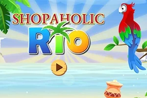 熱帯の背景に「SHOPAHOLIC RIO」の文字とカラフルなオウムが描かれている画像。