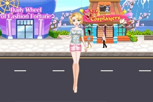 金髪の女性がファッション街の背景の前に立っているイラスト。