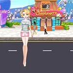 金髪の女性がファッション街の背景の前に立っているイラスト。