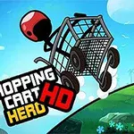 ショッピングカートに乗ったキャラクターが緑の丘をジャンプしているイラスト。