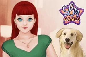 赤毛の女性と犬が並んでいるイラスト。