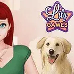 赤毛の女性と犬が並んでいるイラスト。