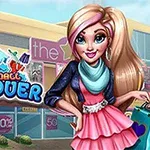 ショッピングモールの前でピンクのドレスを着た金髪の女性が微笑んでいるイラスト。