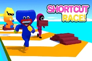 青いキャラクターが笑顔で走っており、黄色とピンクのキャラクターが赤い板を持ったレース中のシーン。