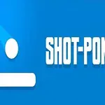 青い背景に白い円と長方形の図形、そして「SHOT-PONG」というテキスト。