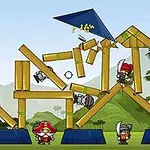 竹の建物の中にいる複数の海賊が、山と木々を背景に配置されている。