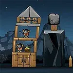 夜空の下に木造の塔や建物が立ち、小さな戦士が配置されています。