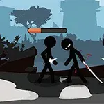 黒いシルエットのキャラクターが刀を持ち、他のキャラクターと対峙しているシーン。