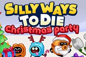 クリスマスツリーの横で、サンタ帽とトナカイの角をつけたキャラクターたちが楽しそうに集まっているイラスト。