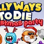 クリスマスツリーの横で、サンタ帽とトナカイの角をつけたキャラクターたちが楽しそうに集まっているイラスト。