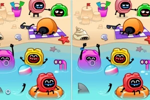 ビーチでカラフルなキャラクターたちが遊んでいるイラスト。