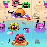 ビーチでカラフルなキャラクターたちが遊んでいるイラスト。