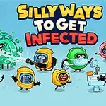 カラフルなキャラクターたちがウイルスと戦ったり、手洗いなどの行動をとっているイラスト。
