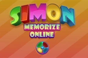 カラフルな文字で「SIMON MEMORIZE ONLINE」と書かれたオレンジ色のストライプ背景の画像。