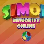 カラフルな文字で「SIMON MEMORIZE ONLINE」と書かれたオレンジ色のストライプ背景の画像。