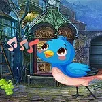青い鳥が音符を歌いながら、夜の街並みに佇む古い建物の前にいるイラスト。