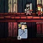 2人のキャラクターが剣を向け合い、背景に木製の箱が積まれているピクセルアートスタイルのシーン。