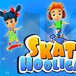 青い背景にスケートボードに乗った3人のキャラクターと恐竜が描かれている。