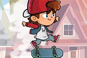 赤いキャップをかぶったキャラクターがスケートボードでジャンプしているイラスト。
