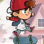 赤いキャップをかぶったキャラクターがスケートボードでジャンプしているイラスト。