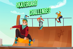 スケートボードをしている3人のキャラクターと「SKATEBOARD CHALLENGES」の文字が描かれたイラスト。