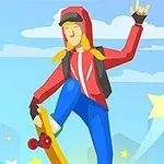 スケートボードに乗った赤いフードを着たキャラクターが星が散りばめられた背景でジャンプしているイラスト。