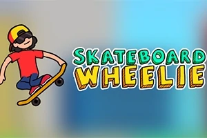 スケボーに乗ってジャンプする赤い服を着たキャップの人物のイラストと「SKATEBOARD WHEELIE」の文字。