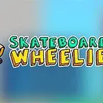 スケボーに乗ってジャンプする赤い服を着たキャップの人物のイラストと「SKATEBOARD WHEELIE」の文字。