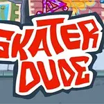 赤いグラフィティ風の文字で「Skater Dude」と描かれており、背景に街並みが描かれている。