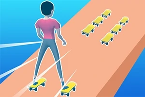スケートボードに乗ったキャラクターが板の上でいくつものスケートボードを集めている様子。