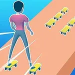 スケートボードに乗ったキャラクターが板の上でいくつものスケートボードを集めている様子。