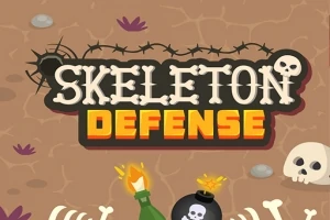 骸骨のデザイン文字で「SKELETON DEFENSE」と書かれたロゴと地面にある爆弾や頭蓋骨。