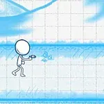 青い線で描かれた小道を走るスティックフィギュアが銃を持っているイラスト。