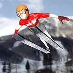 赤いスーツとオレンジのヘルメットを着たスキージャンパーが空中でジャンプしている姿。