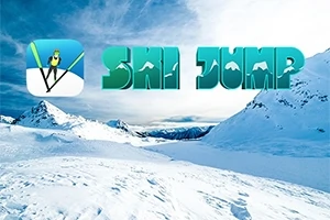 青空の下、雪に覆われた山脈の上に「SKI JUMP」と書かれた文字とスキーヤーの図が描かれています。