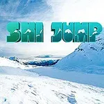 青空の下、雪に覆われた山脈の上に「SKI JUMP」と書かれた文字とスキーヤーの図が描かれています。