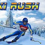 青いスキーウェアを着たスキーヤーが雪山を滑っている。