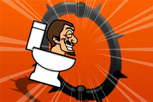 男性の顔がトイレの中にいる様子を描いたイラストで、背景にはオレンジの円形のデザインがあります。
